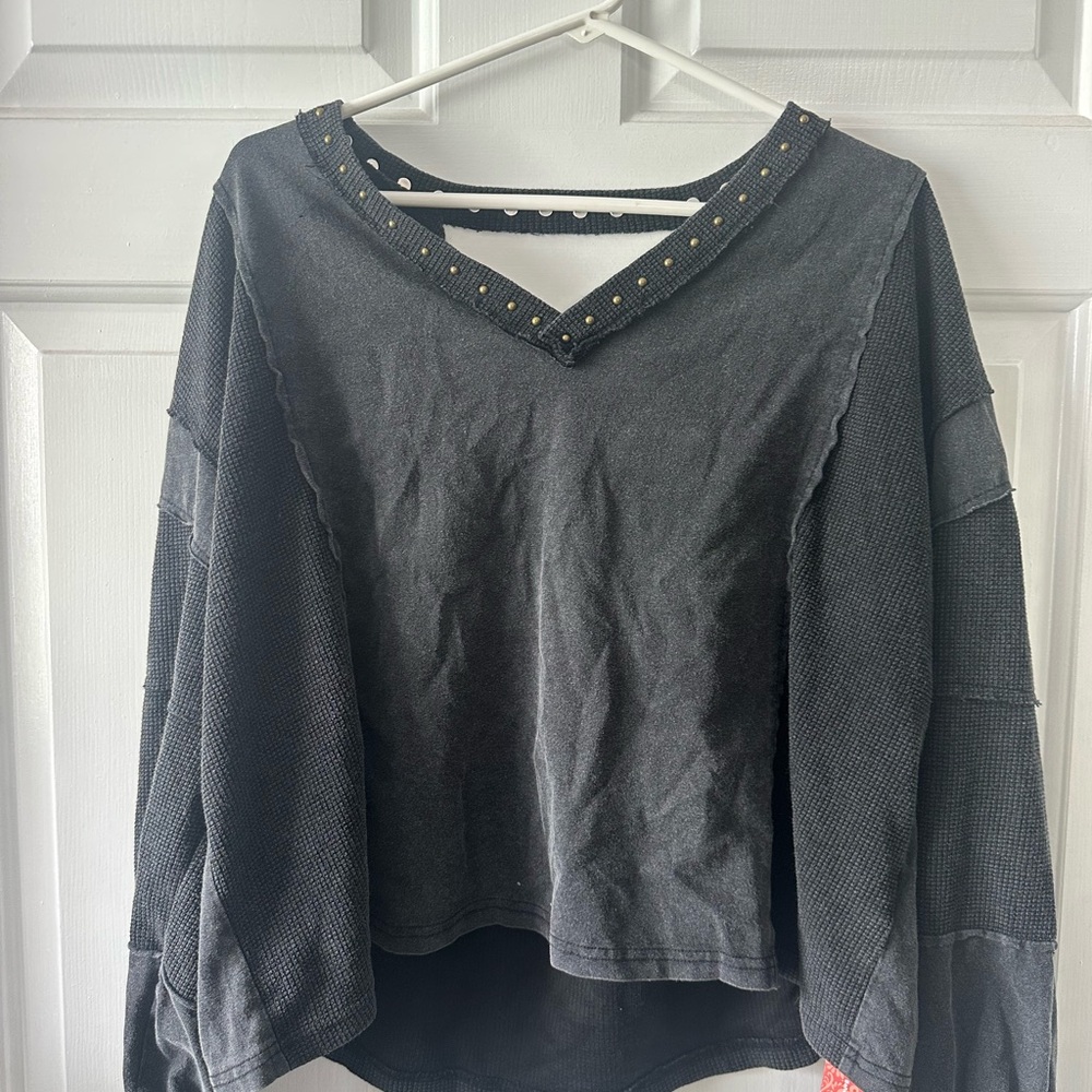 Black Studded V-Neck Women's Top